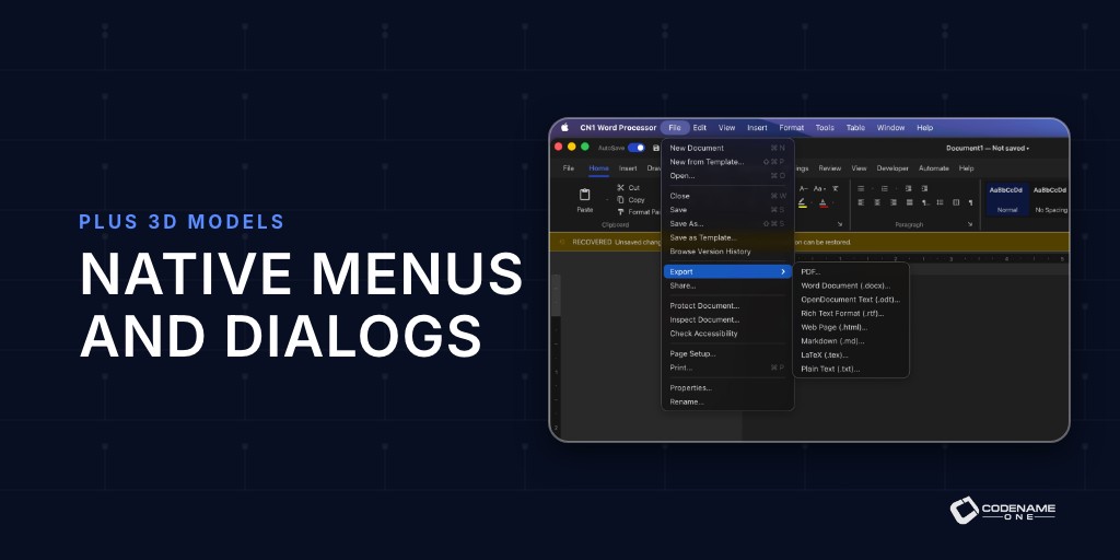 A Codename One app with a native menu bar and file dialog