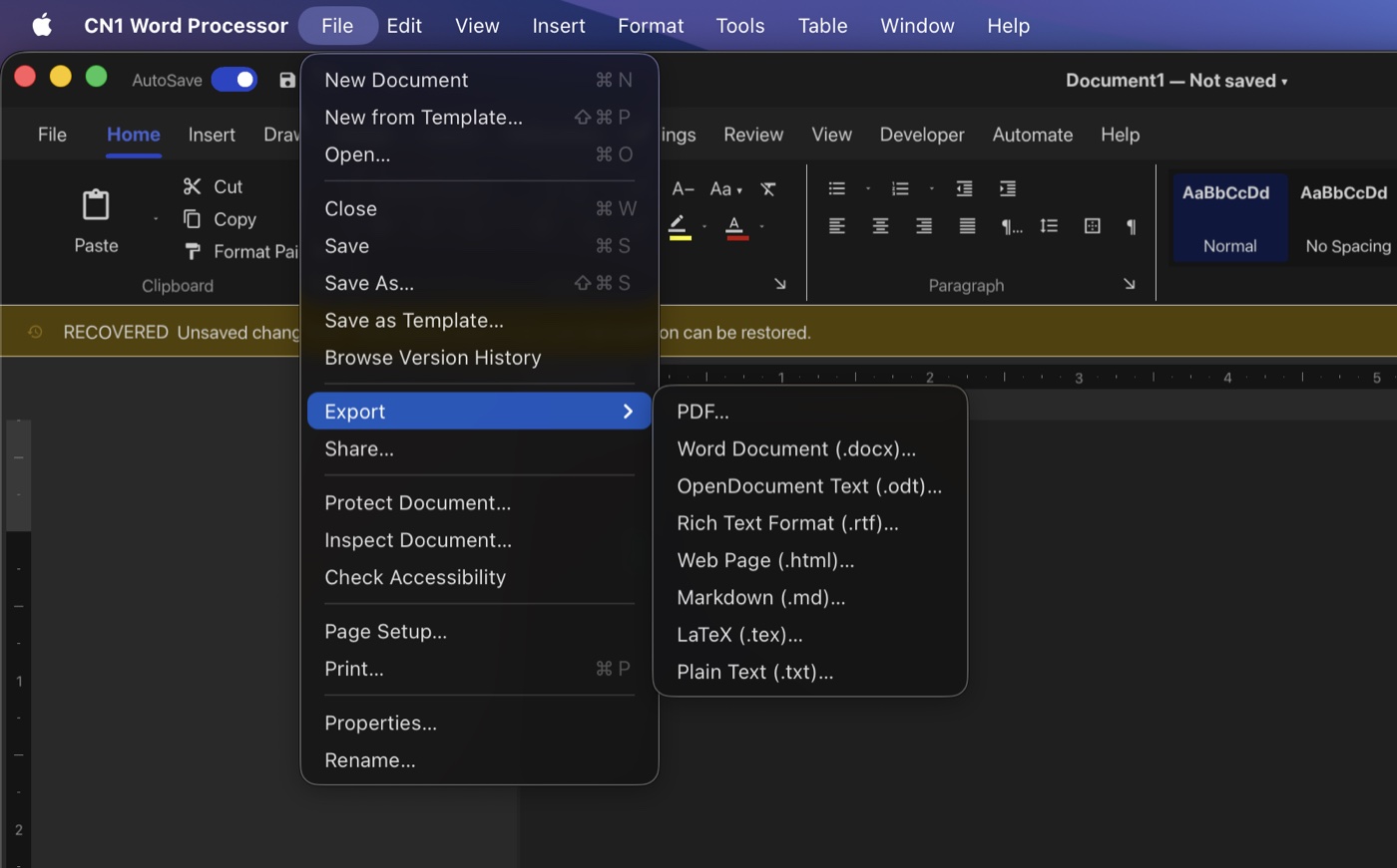 The Java word processor's native File menu with an Export submenu on macOS