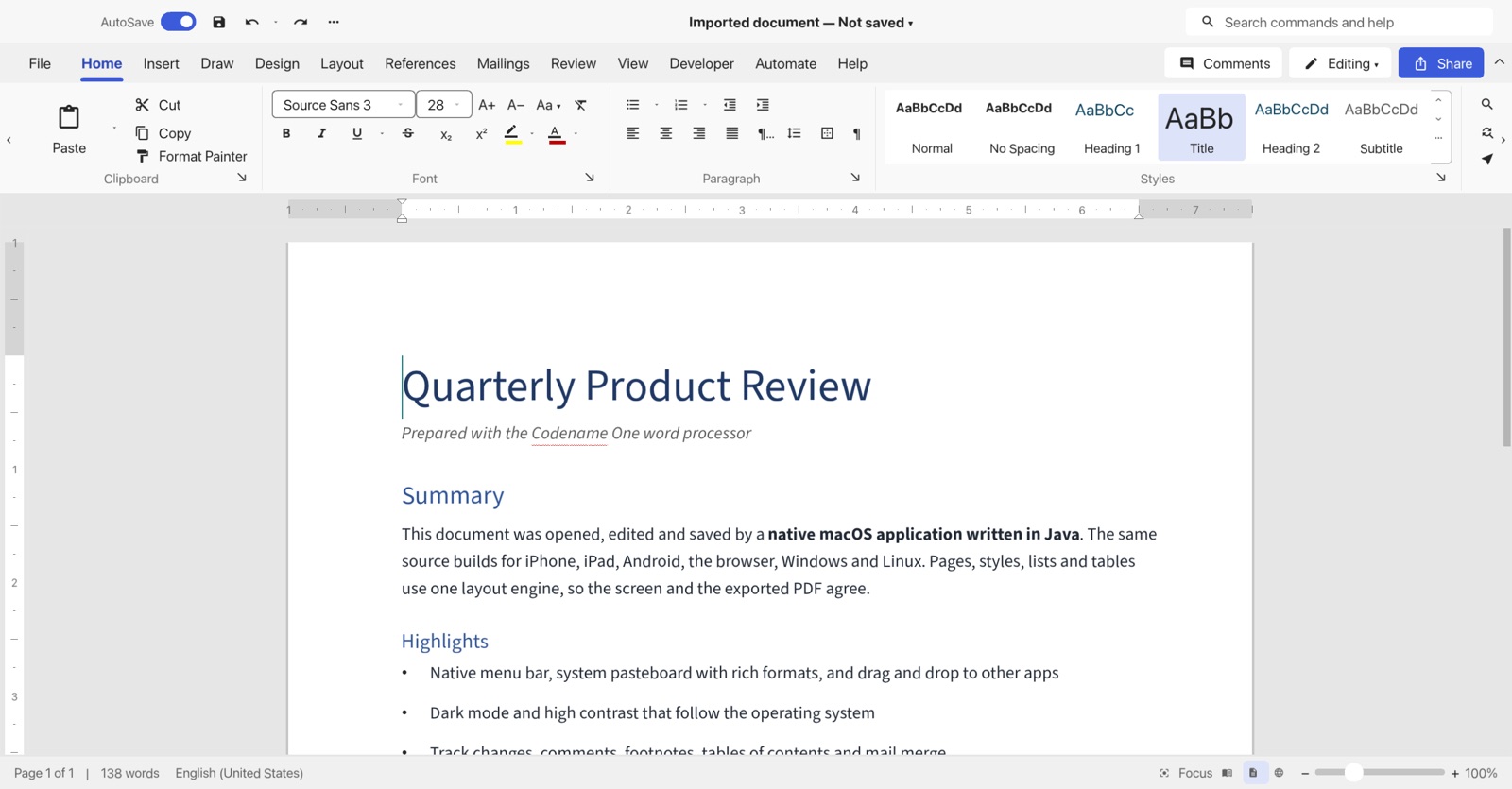 The Codename One word processor in light mode on macOS